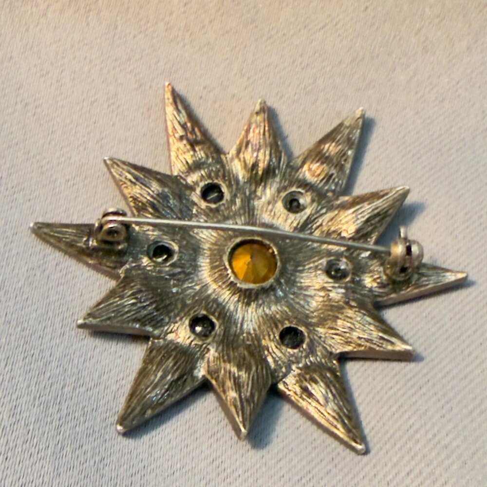 Star Brooch Black Clear Glass Rhinestone Silver Tone Starburst Pin 2.25" - Picture 5 of 7